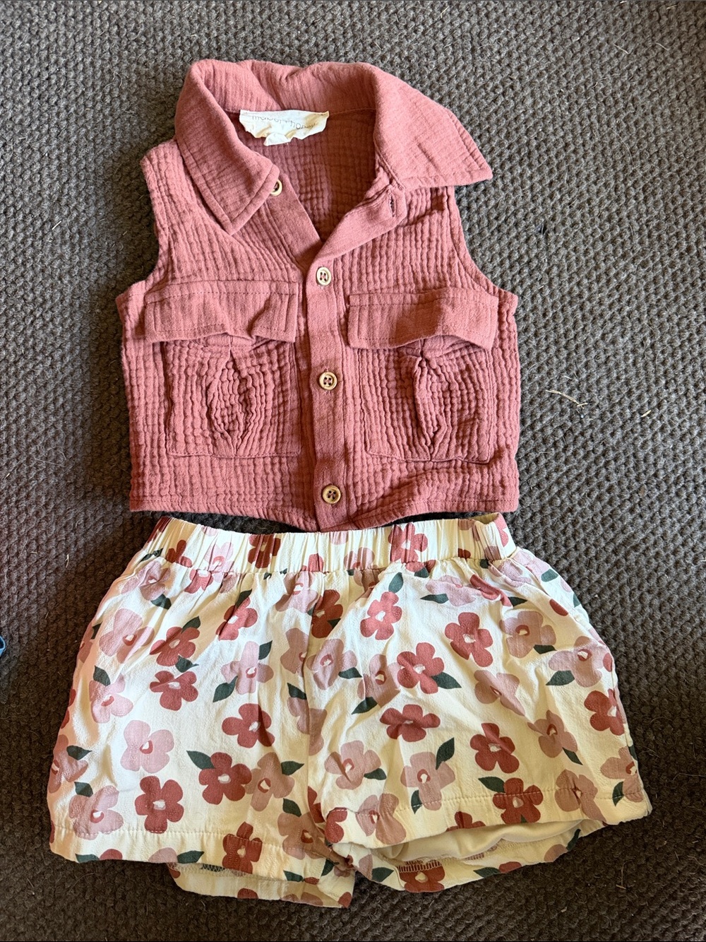 Girls Pink Button-Front Vest and Floral Shorts Set
